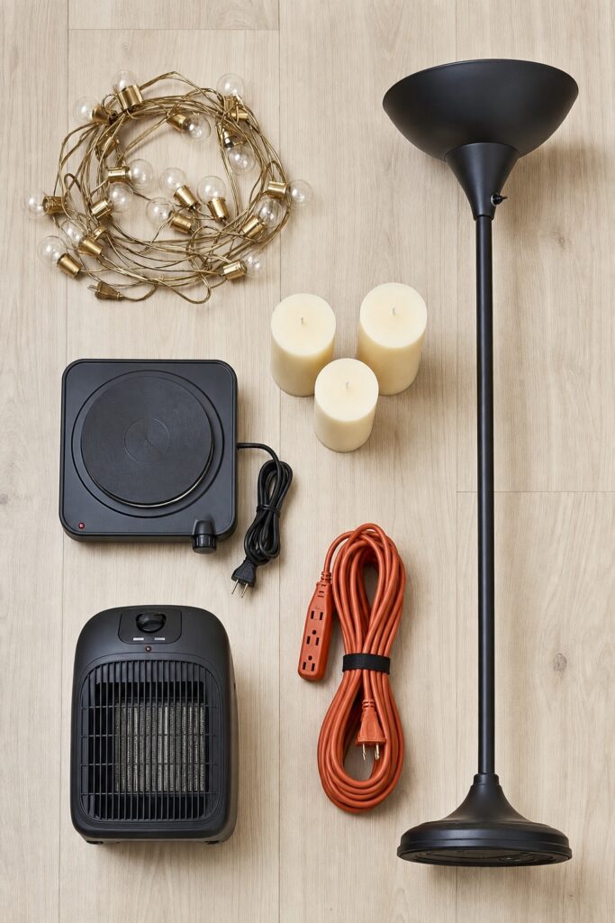 Set of items commonly banned in residence halls - string lights, a halogen lamp, candles and a hot plate - grouped on a floor
