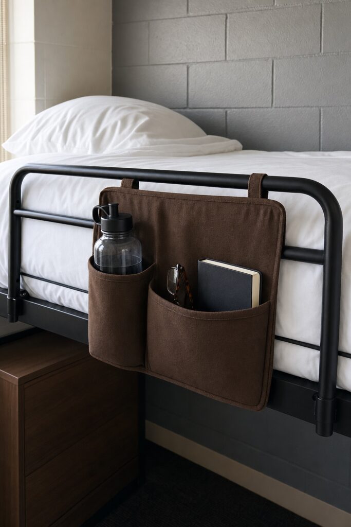 A caddy hooked at mattress level holding a water bottle and glasses, so nothing needed at night is stored under the bed