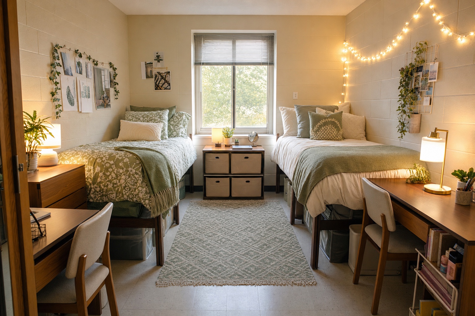 Shared double dorm room with two twin beds on opposite walls in the same sage-and-cream color family, different bedding patterns per side, string lights, and standard dorm desks.