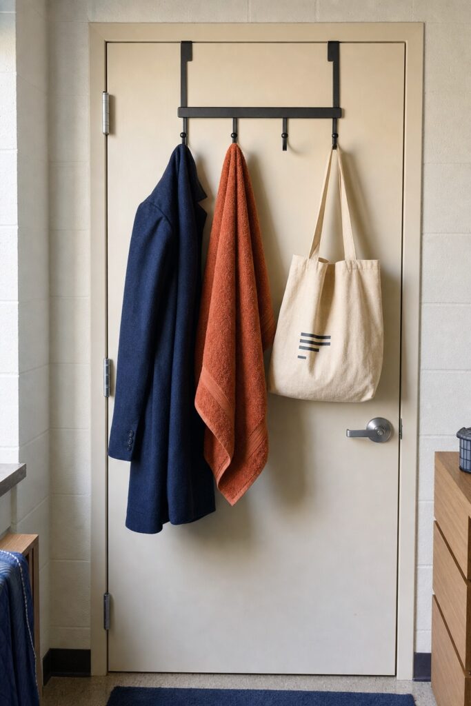 Over-the-door hooks on the inside of a dorm room door holding a coat, a towel and a tote bag