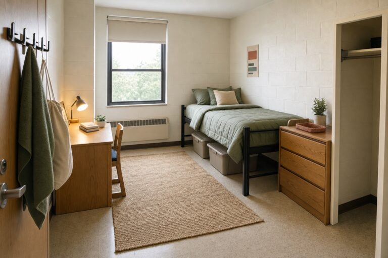 Half of a shared dorm room made up with twin XL bedding, under-bed bins and a lamp on the school desk
