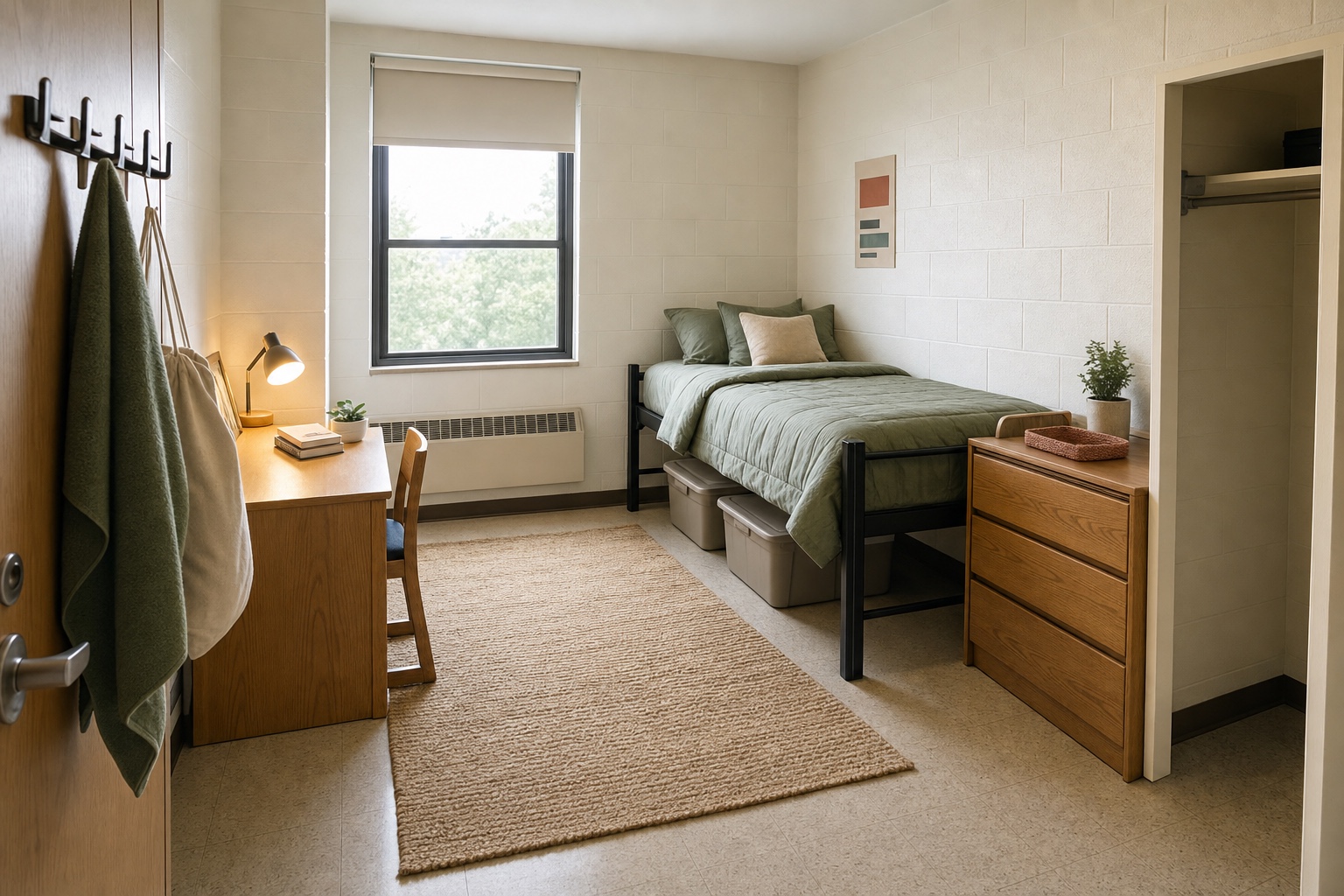 Half of a shared dorm room made up with twin XL bedding, under-bed bins and a lamp on the school desk