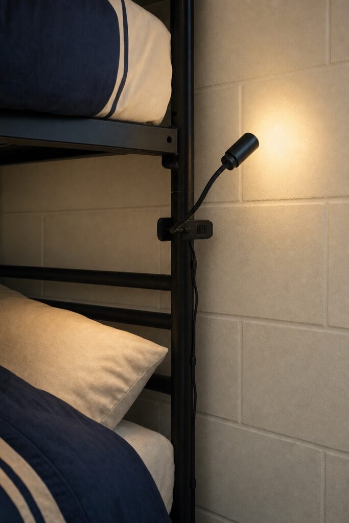 LED clip light clamped to the steel upright of a dorm bed frame and angled away from the bedding