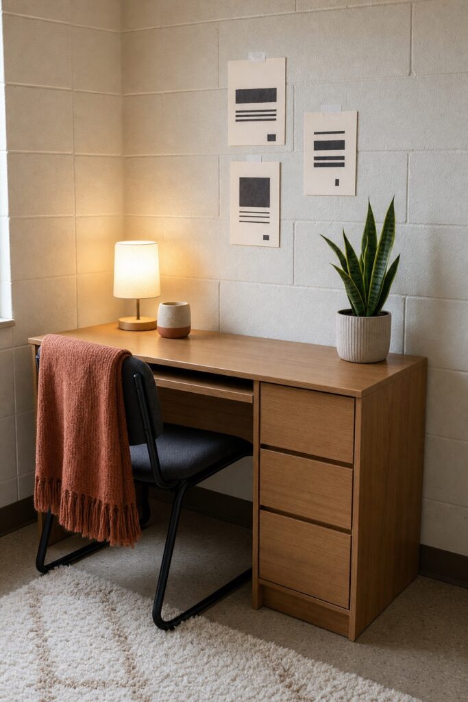Warm lamp, rug, throw and framed prints softening a cinderblock dorm room wall