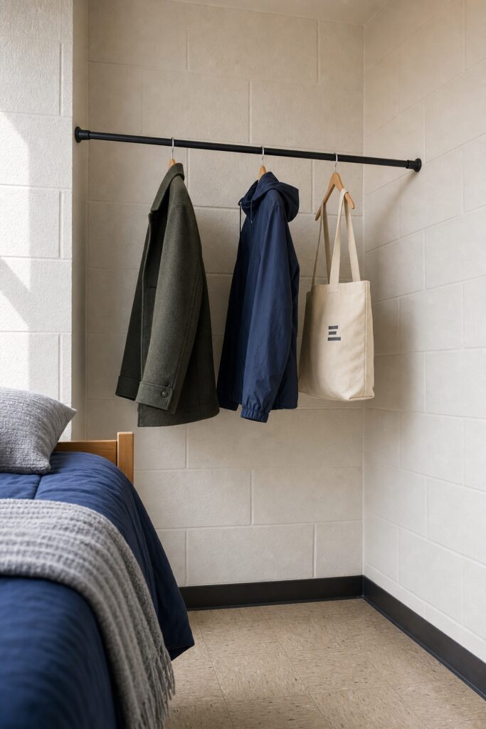 Tension rod wedged high across the corner of a dorm room holding three coats on hangers
