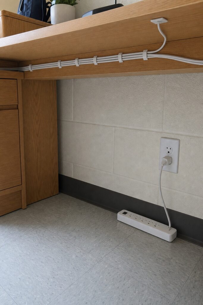 Cables bundled with clips under a dorm desk with a single lead reaching the desktop