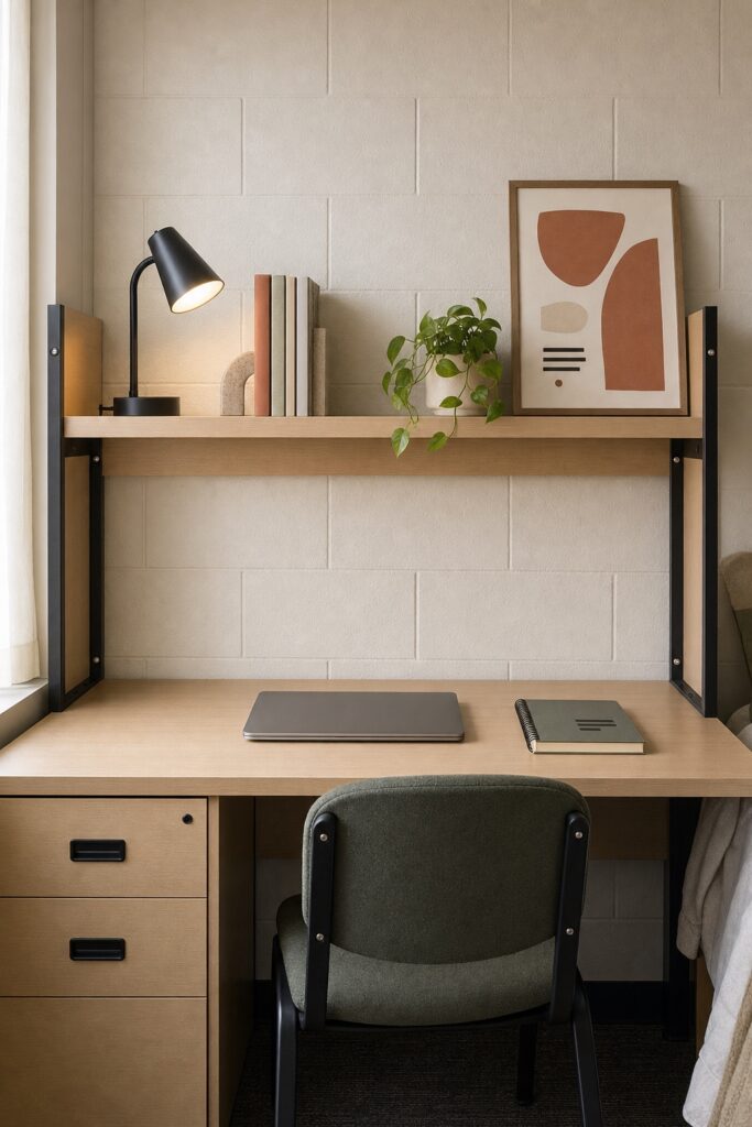 Dorm desk hutch holding a small lamp and three objects instead of a full row of books
