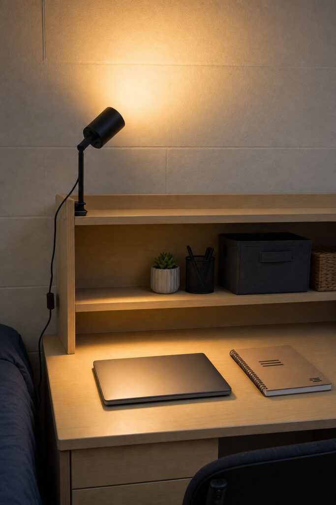 Small desk lamp on a dorm hutch shelf angled at the wall so light reflects back onto the desk