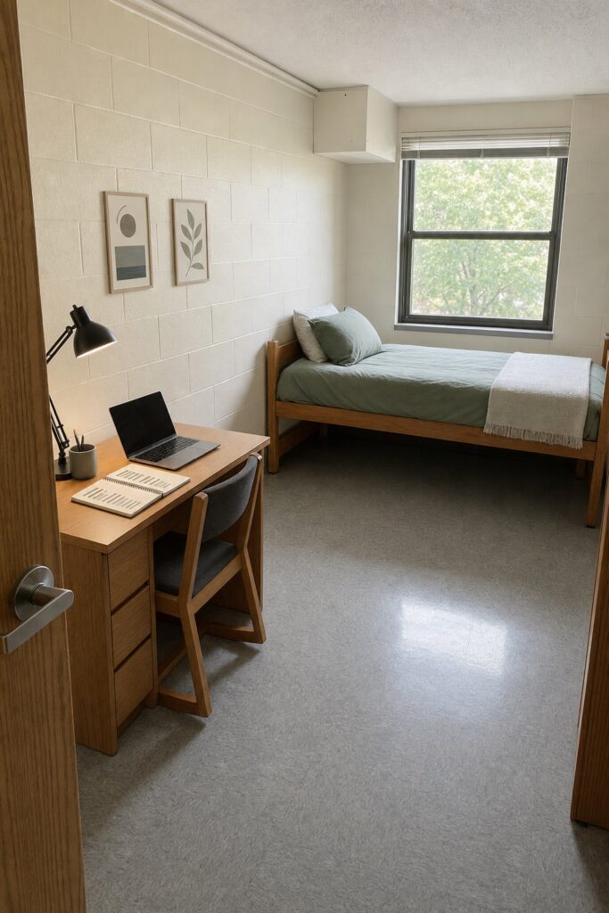 Dorm room in its first week with bedding and essentials in place and empty space left for later purchases