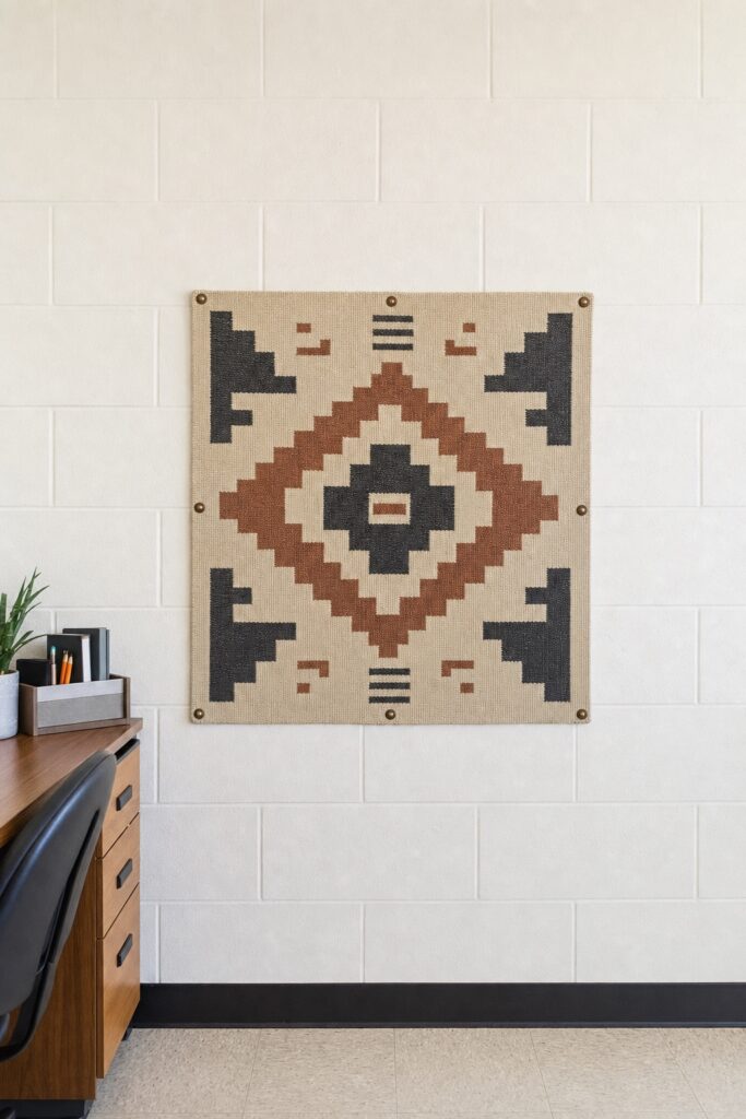 Small woven fabric panel pulled flat and fastened at the corners on a dorm room wall