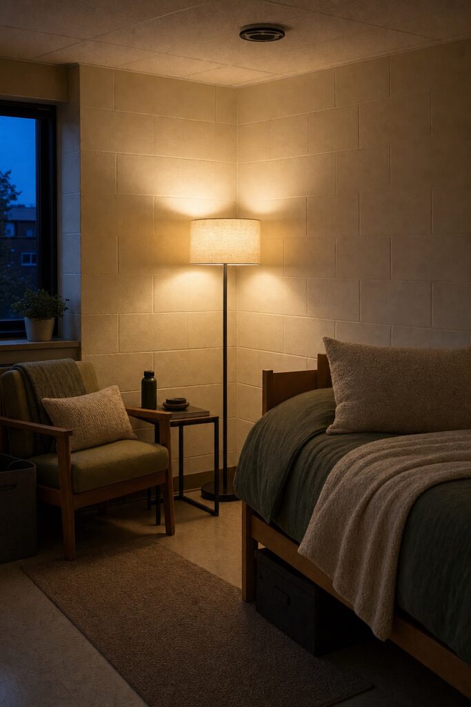 Floor lamp with a fabric drum shade lighting the dark corner of a dorm room in the evening