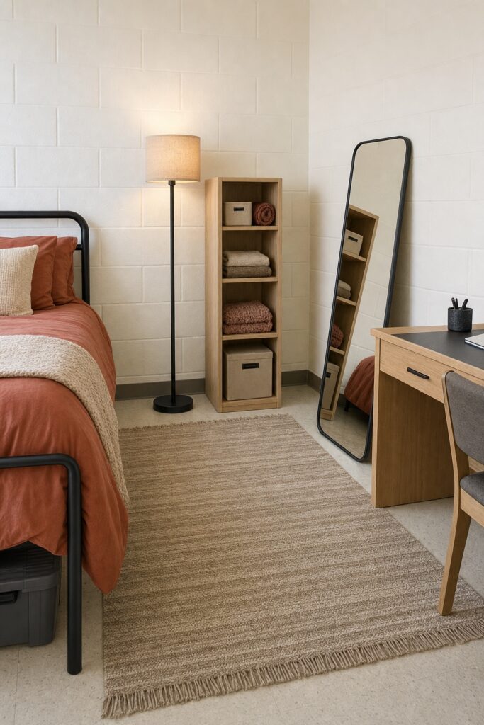 Dorm room decorated only with floor-standing pieces: a large rug, floor lamp, narrow shelf tower and leaning mirror