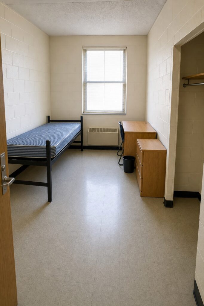Empty dorm room before move-in showing the provided bed frame, desk, chair, dresser and closet