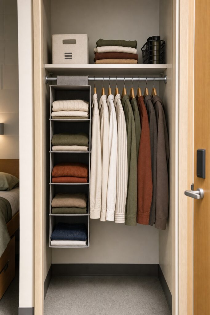 Fabric hanging shelf organizer on a dorm closet rod beside hanging clothes