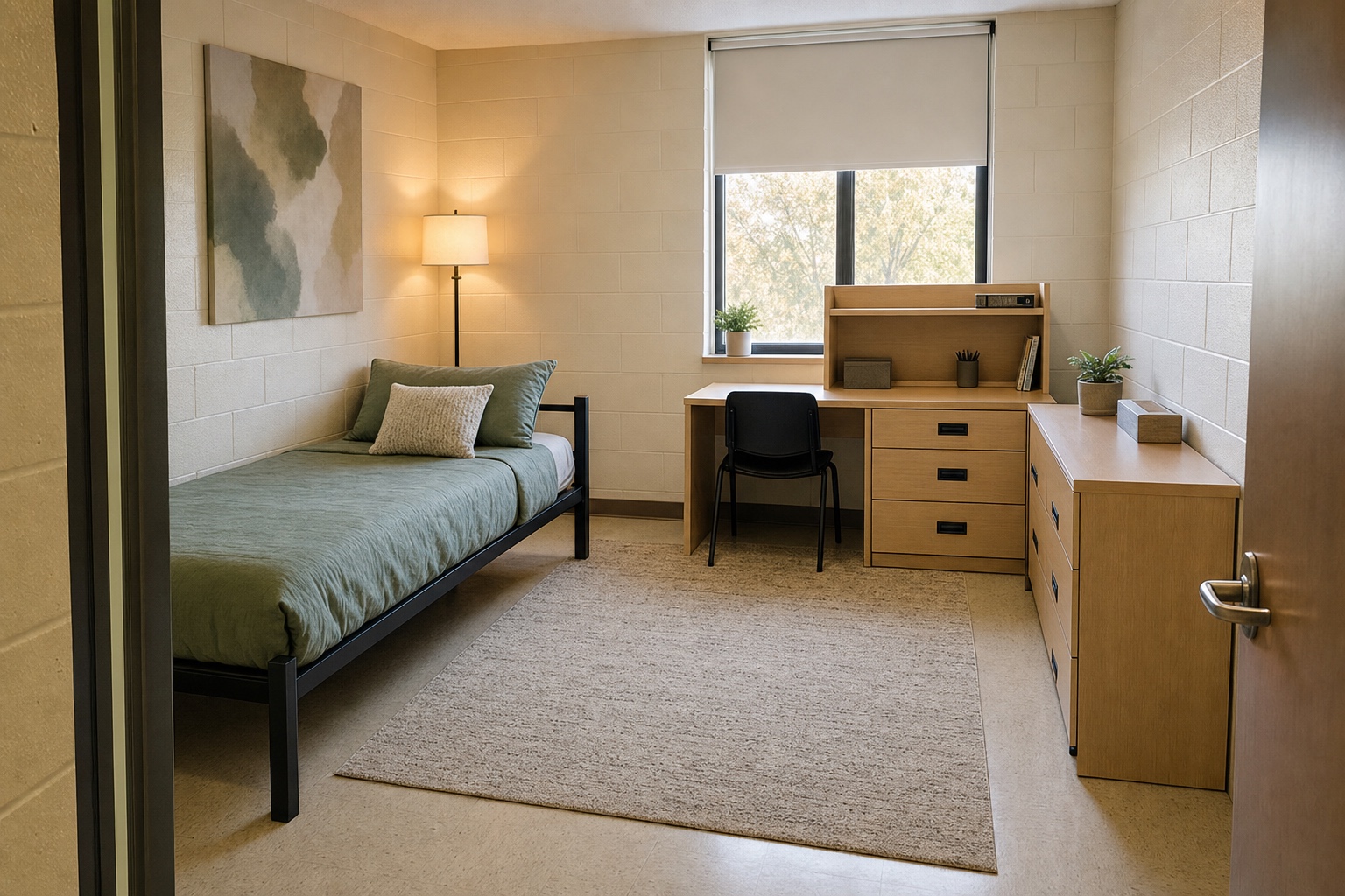 Finished dorm room with an extra-long twin bed, laminate desk with a hutch, a large rug and a floor lamp