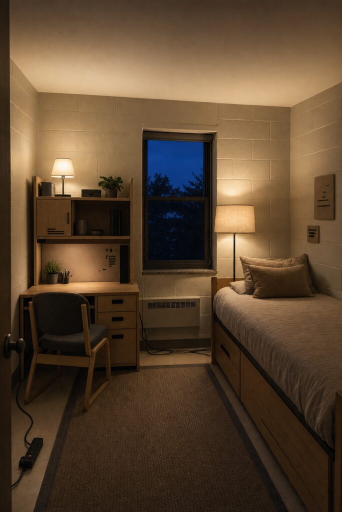 Dorm room in the evening lit by two lamps at different heights with the ceiling light off