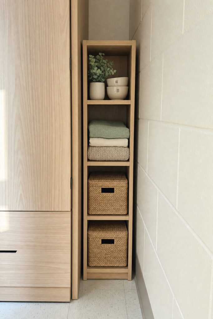 Narrow four-shelf tower fitted into the gap between a dorm wardrobe and the wall