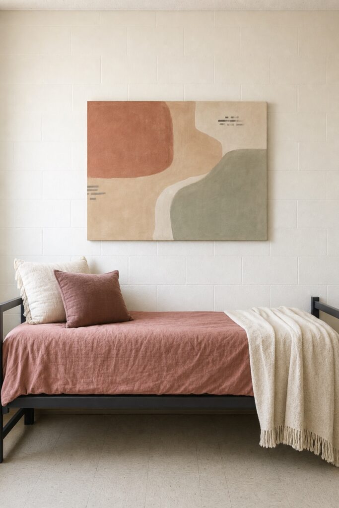 One large lightweight abstract canvas centered above a dorm bed on an otherwise bare wall