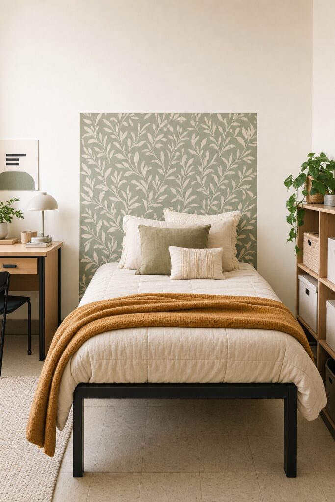 Rectangle of removable patterned wallpaper behind a dorm bed acting as a headboard