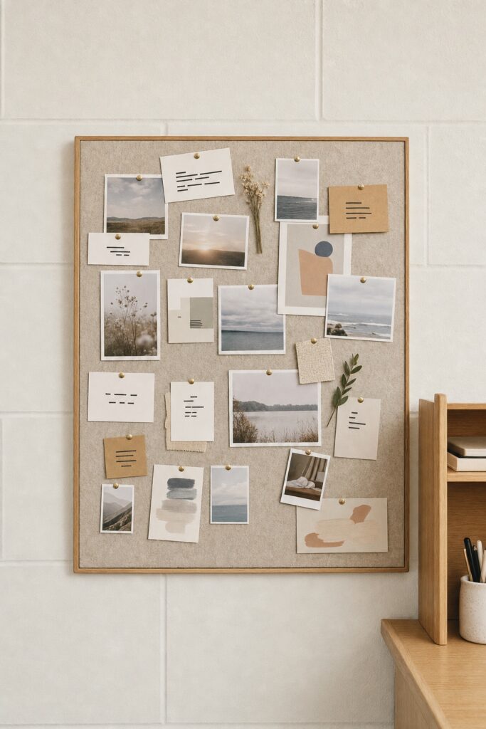 Single felt pinboard on a dorm wall holding photos, cards and tickets