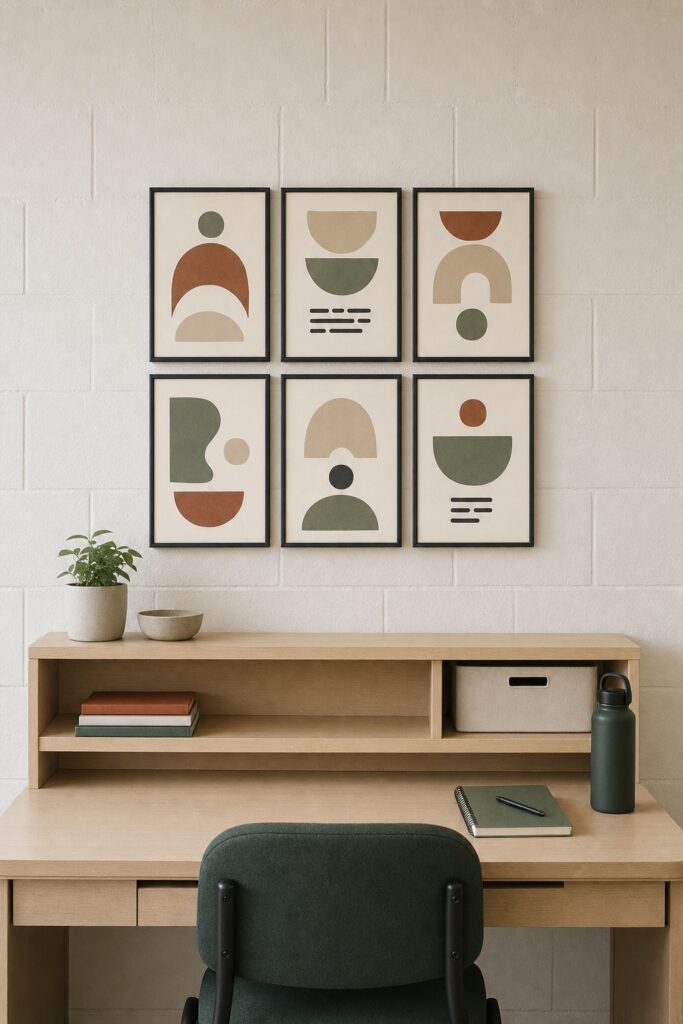 Six matching frames in an even grid above a dorm desk, no wider than the desk itself