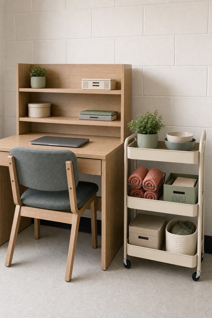Three-tier rolling cart parked beside a dorm desk rather than underneath it