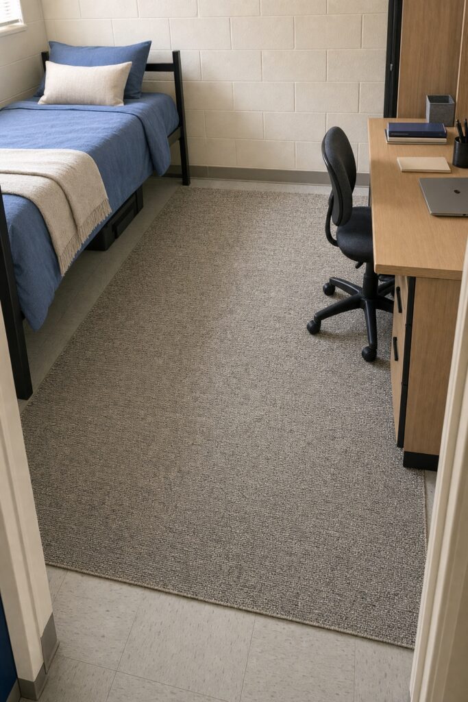 Large low-pile rug in a dorm room running from the side of the bed to the desk chair