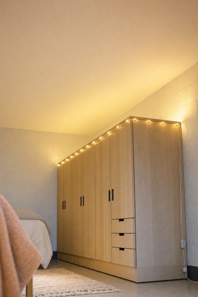 LED string lights clipped along the top edge of a dorm wardrobe rather than hung from the ceiling