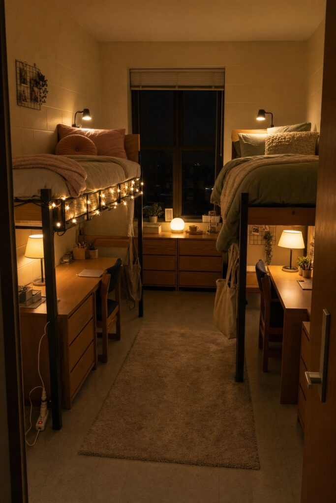 Shared dorm at evening with the overhead light off: warm string lights along a bed rail, clip-on reading lamps, and two desk lamps making the room feel warm.