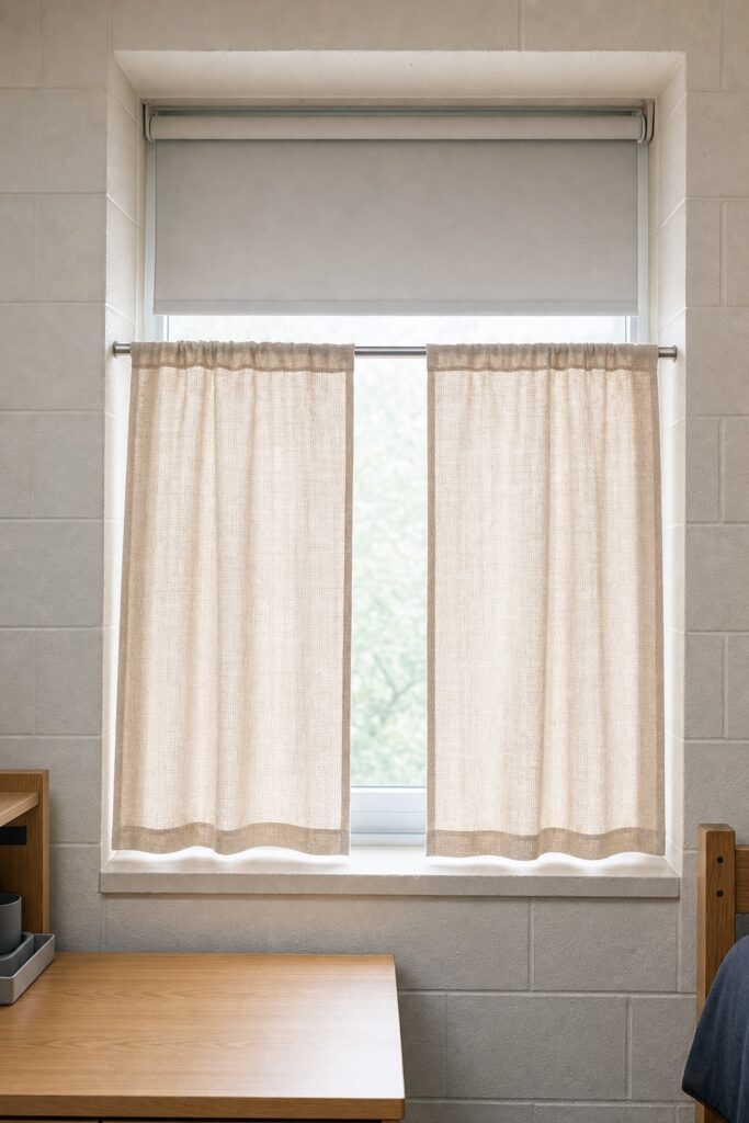 Light curtain on a tension rod inside a dorm window recess in front of the school's roller shade