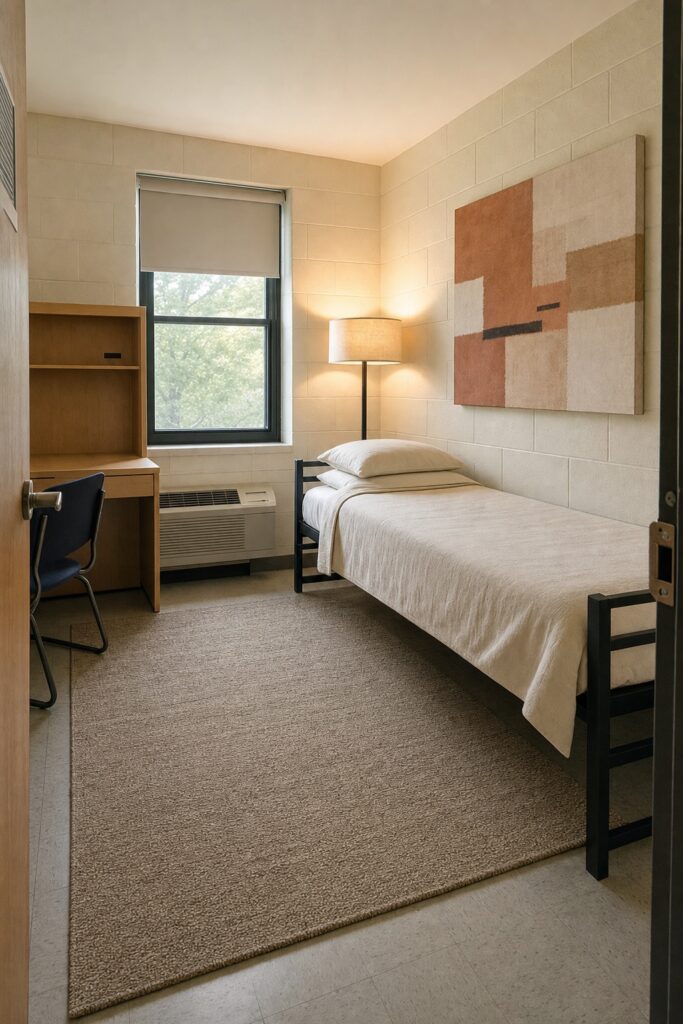 Dorm room decorated with only three things: a large rug, one floor lamp and one large piece of art