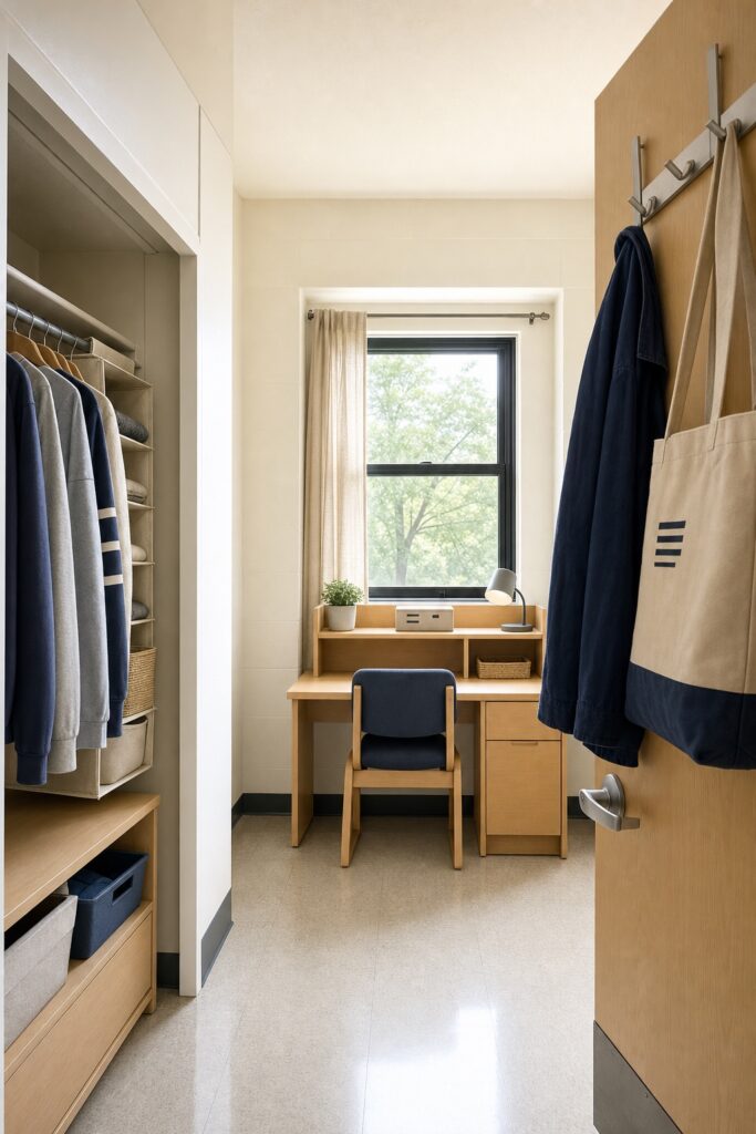 Dorm room using its built-in furniture as storage: hooks on the door, an organizer on the closet rod and a curtain in the window frame