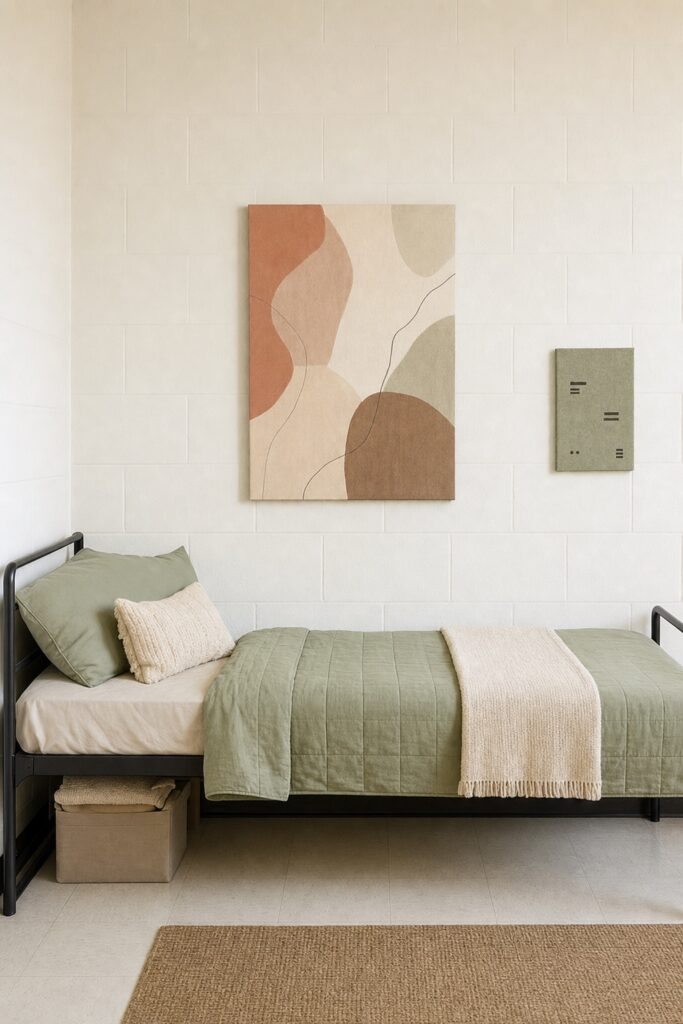 Dorm room wall above a bed with one large piece and a small board, most of the wall left empty