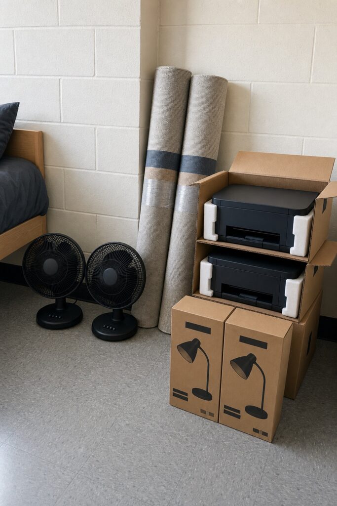 Two identical fans, two rugs and two printers stacked in a dorm room, showing what happens without coordination