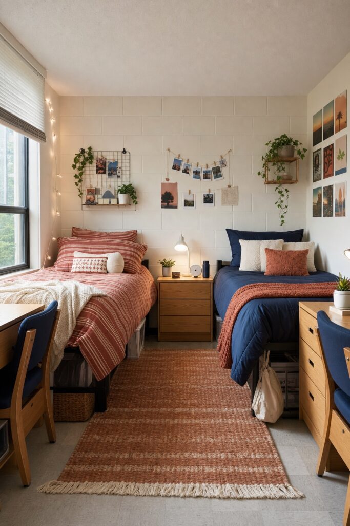 Two dorm beds coordinated without matching: one with terracotta patterned bedding, one with navy solid bedding, tied together by a shared warm-toned rug.