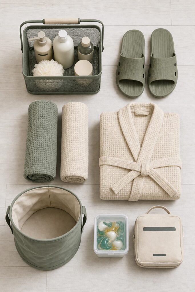 Shower caddy, shower shoes, quick-dry towels, robe and a carryable laundry basket grouped together