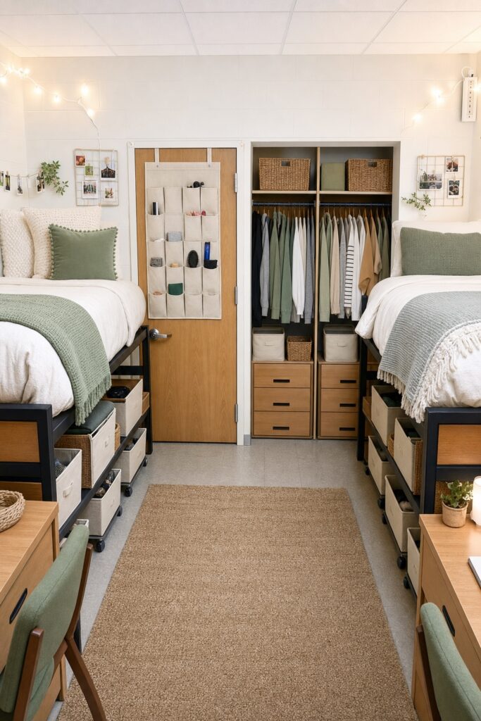 Dorm storage split fairly: labeled-free rolling bins under a raised bed, an over-door organizer, and a closet divided into two even halves.