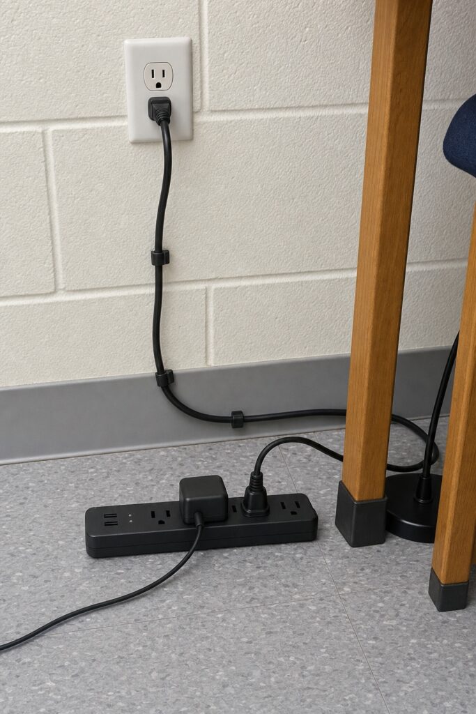 Single surge-protected power strip beside a dorm desk with one cord running to the wall outlet