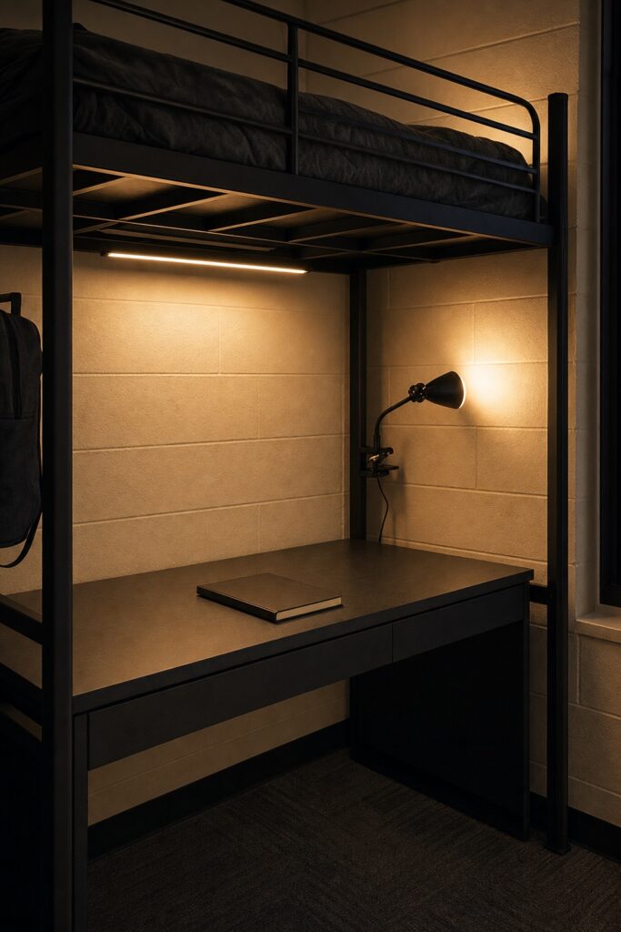 The space under a lofted bed lit by a strip light stuck to the underside of the platform and a clamp lamp bounced off the wall