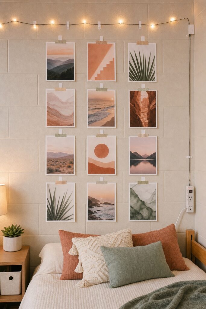 Dorm wall decorated the handbook-safe way: wordless photo prints attached to painted cinder-block with adhesive strips and washi tape above a bed.