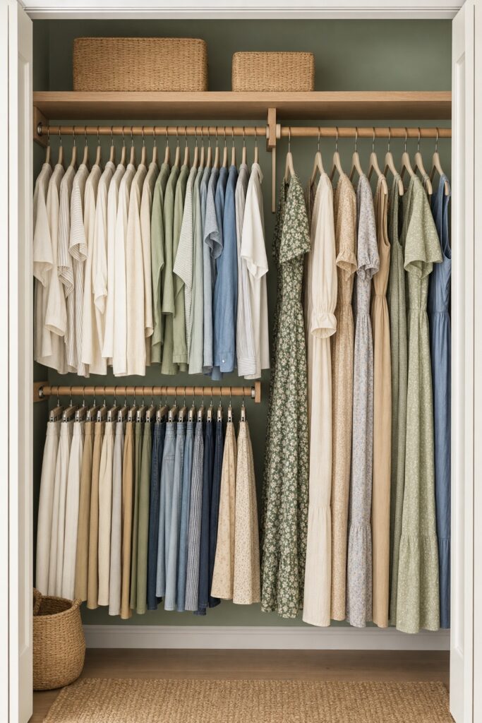 A sage-green closet with two stacked rods of short clothes on one side and a single long rod of dresses on the other