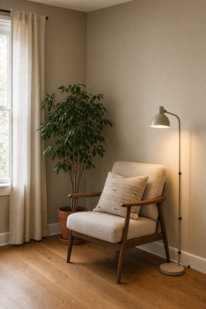 Apartment corner finished with a clipped lamp cord, a curtain over the window and a tall plant filling the empty space