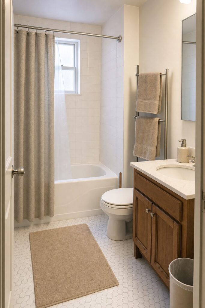 Small first-apartment bathroom with the essentials in place: a neutral shower curtain, a bath mat, towels on a freestanding rack, and a small trash can beside the vanity.