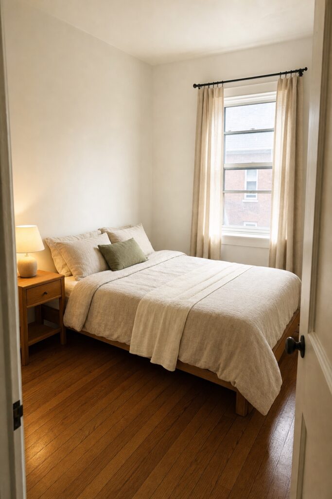 First-apartment bedroom with just the essentials: a made bed with oatmeal bedding on a simple frame, one nightstand with a warm lamp, and plain curtains on an ordinary window.