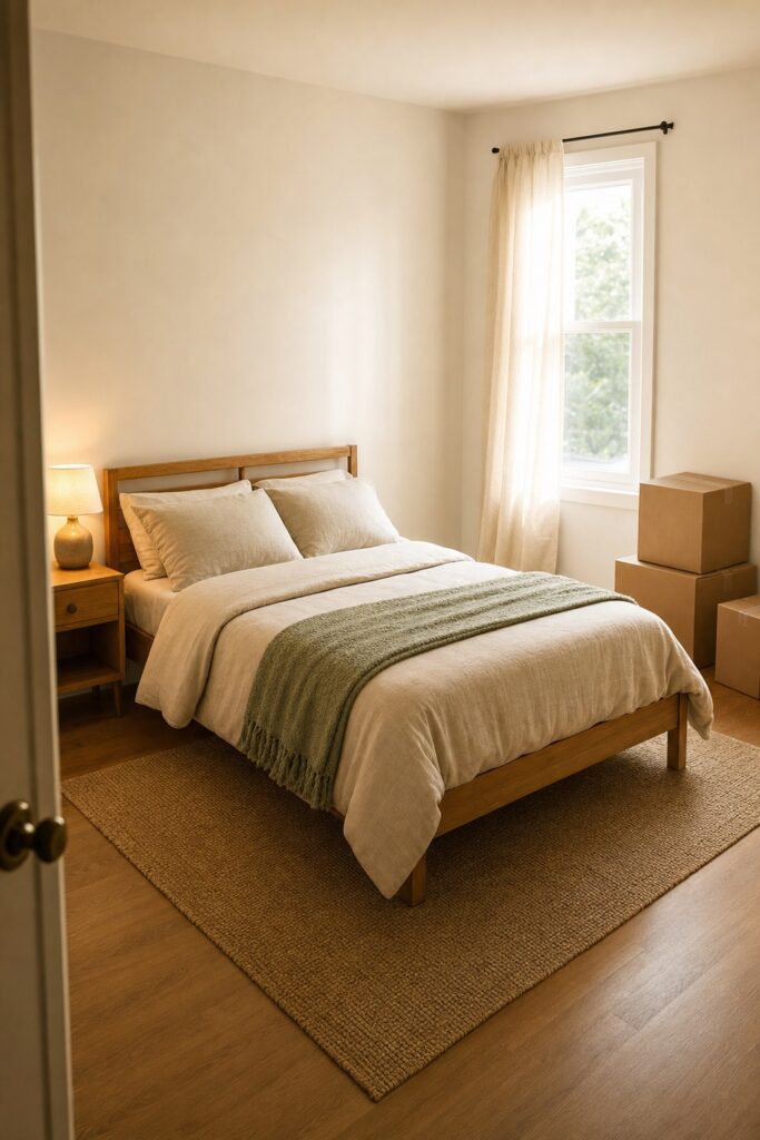 First-apartment bedroom with the sleep milestone met: a simple bed frame with layered oatmeal bedding, one nightstand with a lamp, and moving boxes still waiting in the corner.