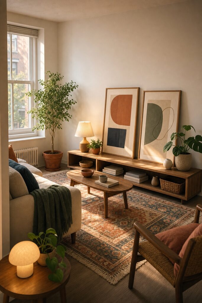 First-apartment living room with the character layer added: leaning framed art, plants, a patterned rug, warm lamps, and books styled on a low shelf.