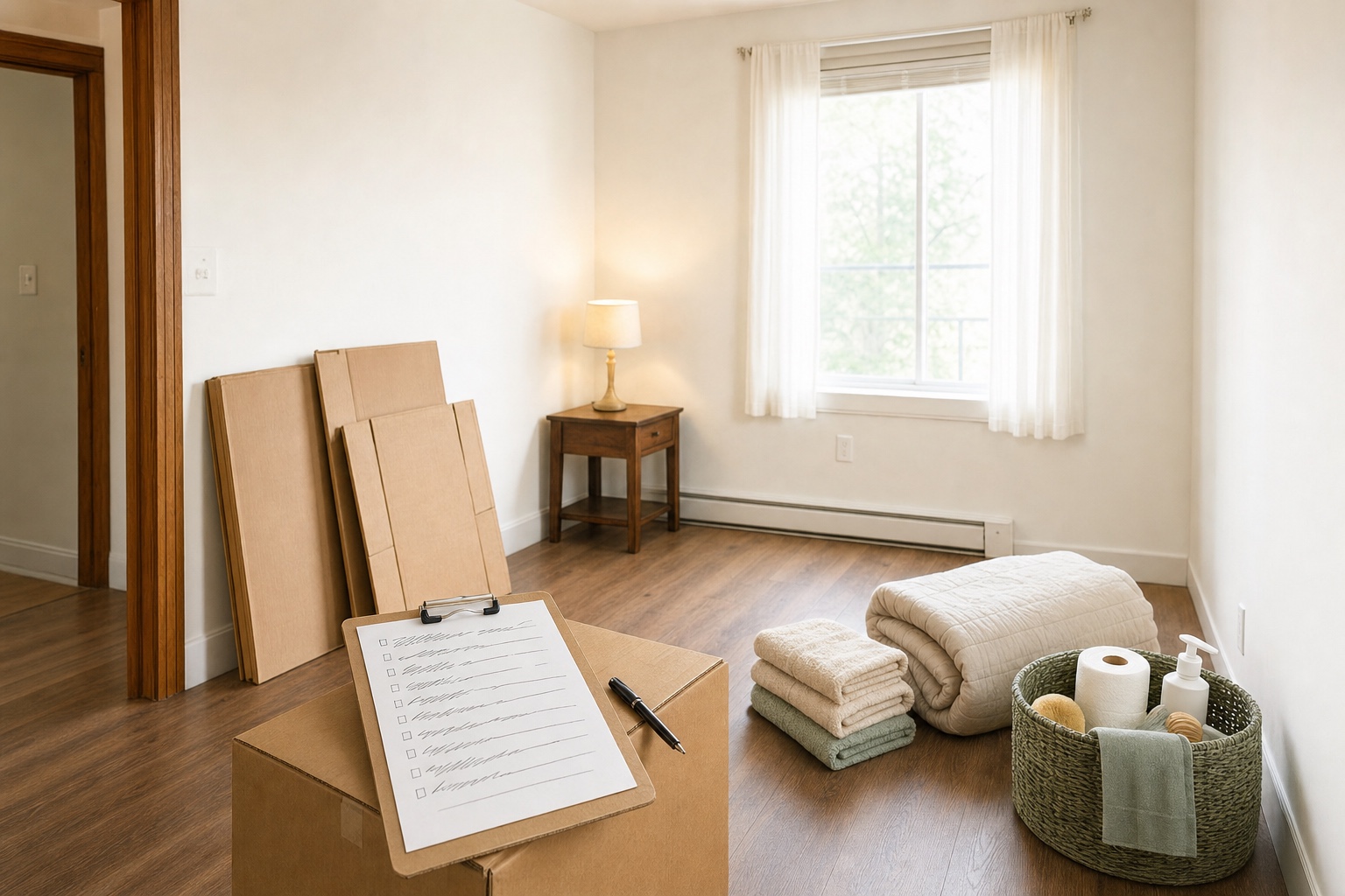 Move-in day in a bright first apartment: a clipboard checklist on a moving box, folded bedding, a lamp, and a small stack of day-one essentials by the window.