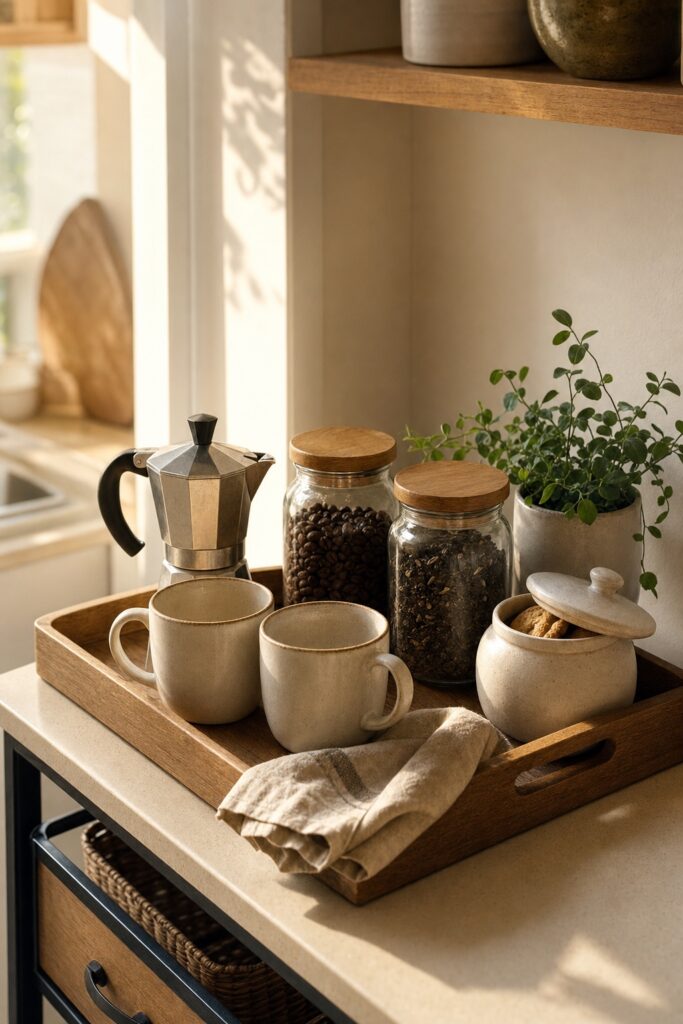 Small coffee and tea corner on a wood tray: a moka pot, two ceramic mugs, glass jars of coffee beans and tea with wood lids, a cookie jar, and a linen napkin.