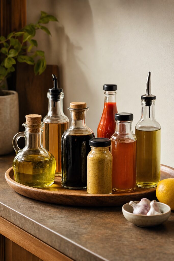 Wood tray of flavor builders in plain glass bottles: olive oil, vinegar, dark soy sauce, hot sauce, and mustard, beside a small bowl of garlic and a lemon.