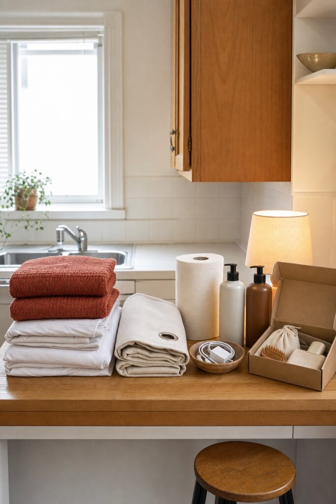 First-apartment day-one kit unpacked on a counter: folded towels and sheets, a shower curtain still in its fold, unlabeled toiletries, a small lamp, and a phone charger in a basket.